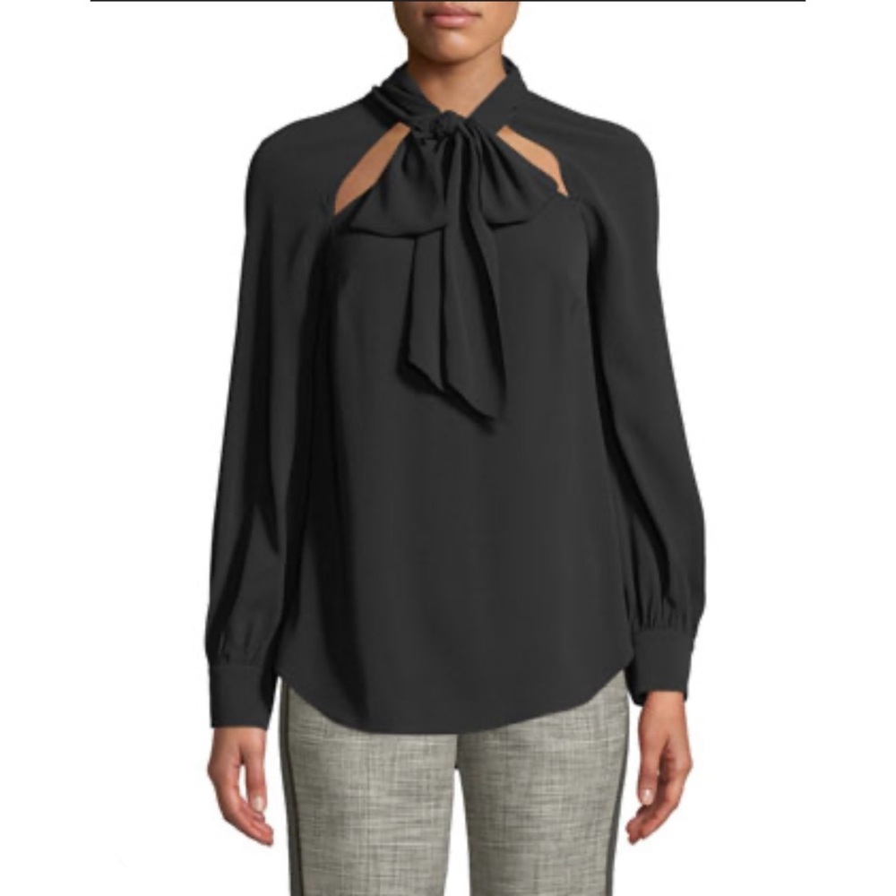 Veronica Beard sz 4 Tie-Neck cut out long sleeve blouse top black FLAWS